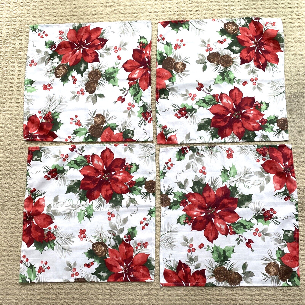 Christmas Napkins holiday themed cloth 4 festive red poinsettias & greenery set